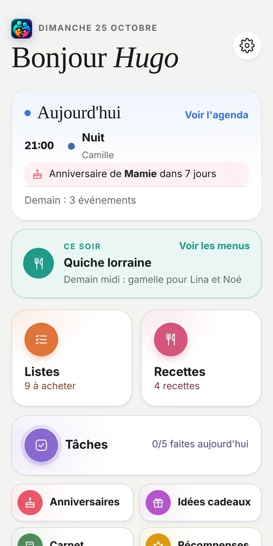 Accueil de Tribu : le programme du jour, le repas du soir, les listes, les recettes et les tâches